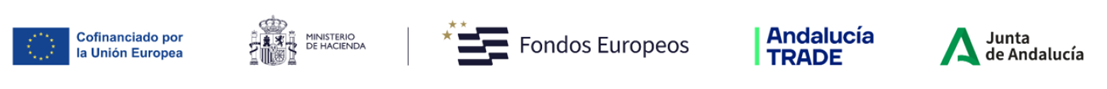 Conjunto de logotipos institucionales: Unión Europea, Ministerio de Hacienda, Fondos Europeos, Andalucía TRADE y Junta de Andalucía en una franja horizontal. NEXO Küchen