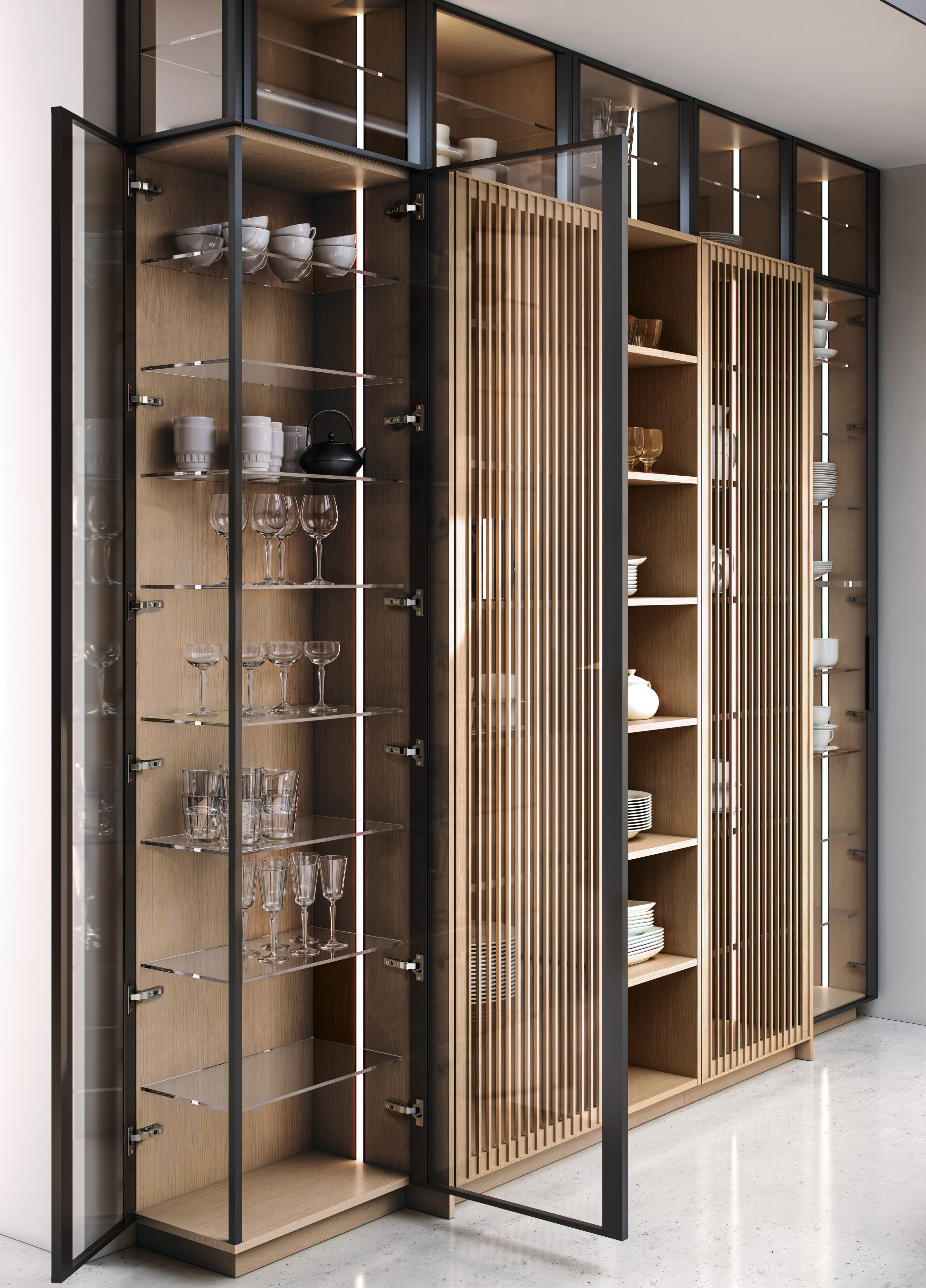 Gabinetes de cocina Nexo Küchen: diseño elegante con vidrio y madera, combinando funcionalidad y estilo contemporáneo.