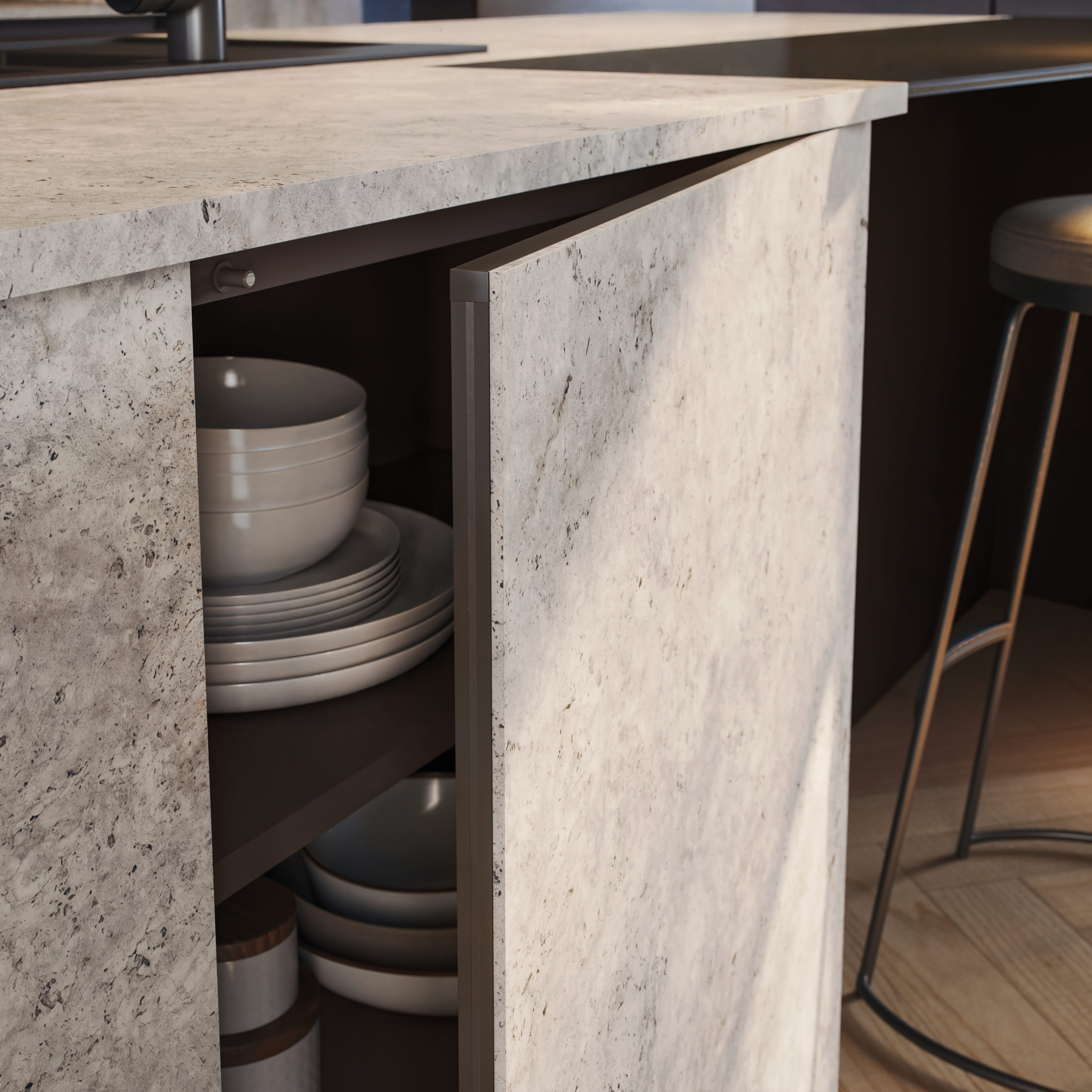 Gabinete de cocina Nexo: diseño en piedra, estilo moderno, estantes con vajilla. Funcionalidad y estética en tu hogar.