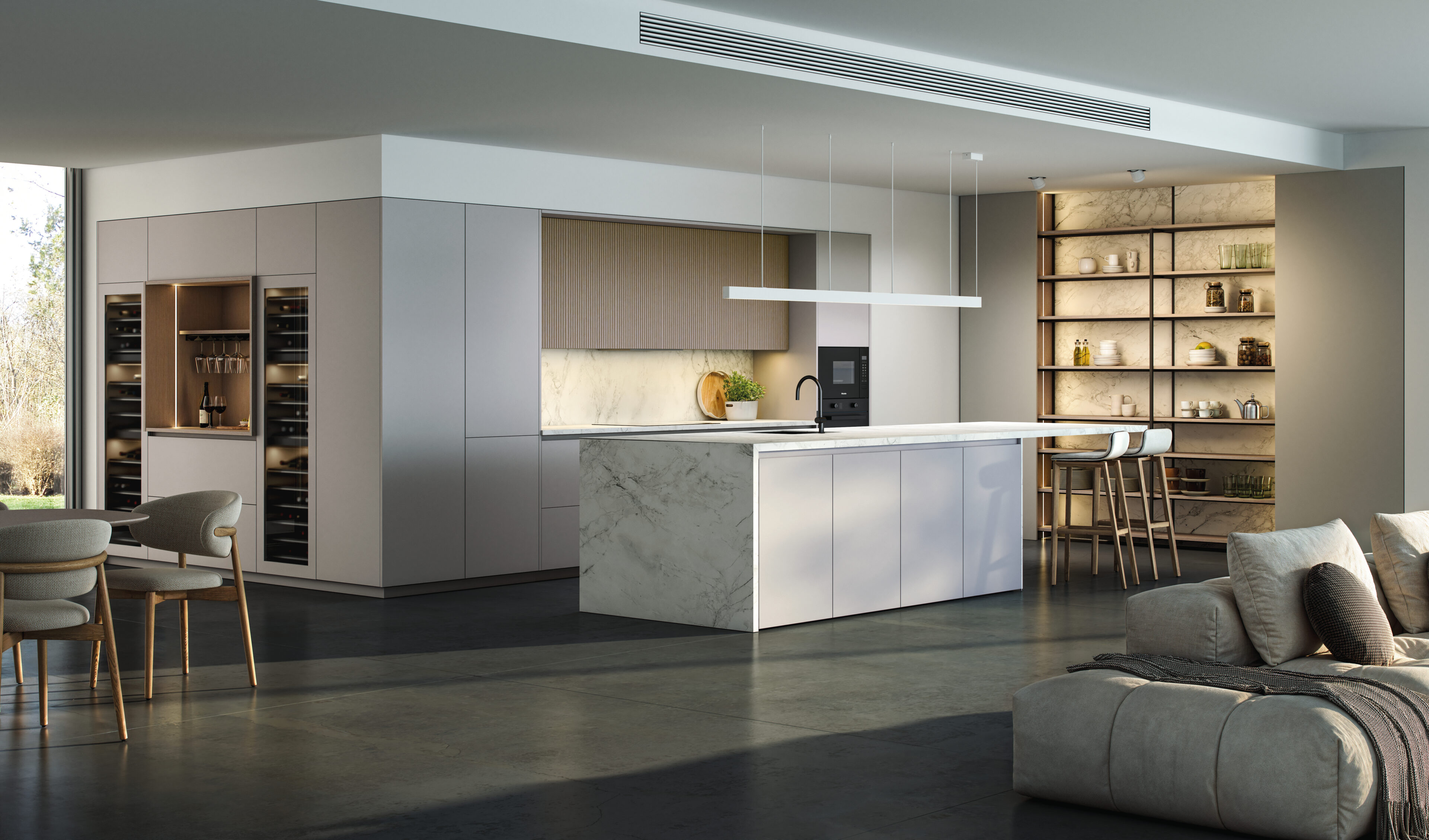 Moderna cocina de Nexo Küchen con diseño funcional y estético, destacando la innovación y el confort personalizado.