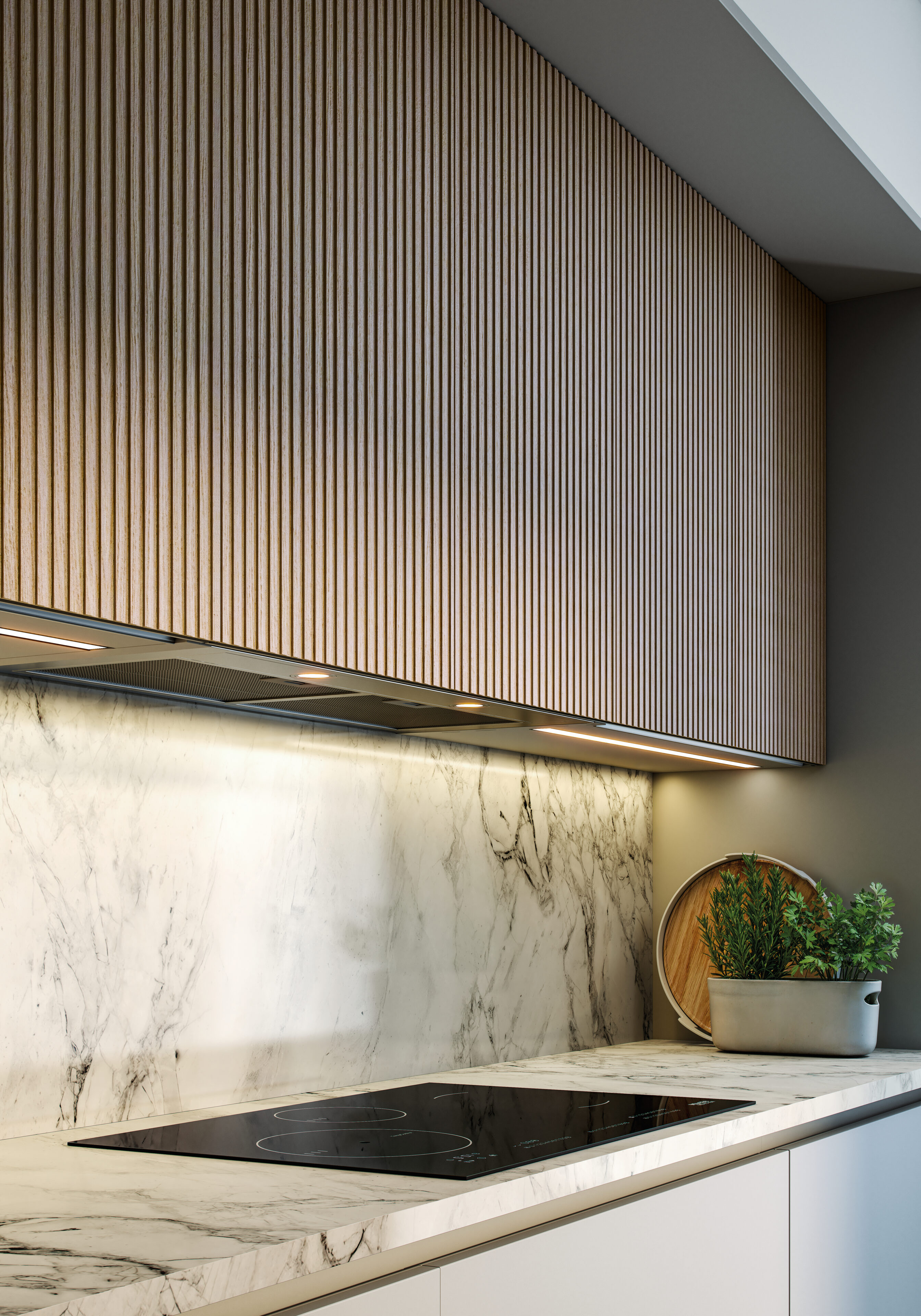 Encimera moderna de mármol de Nexo Küchen con gabinetes funcionales y diseño estético para inspirar tu cocina.