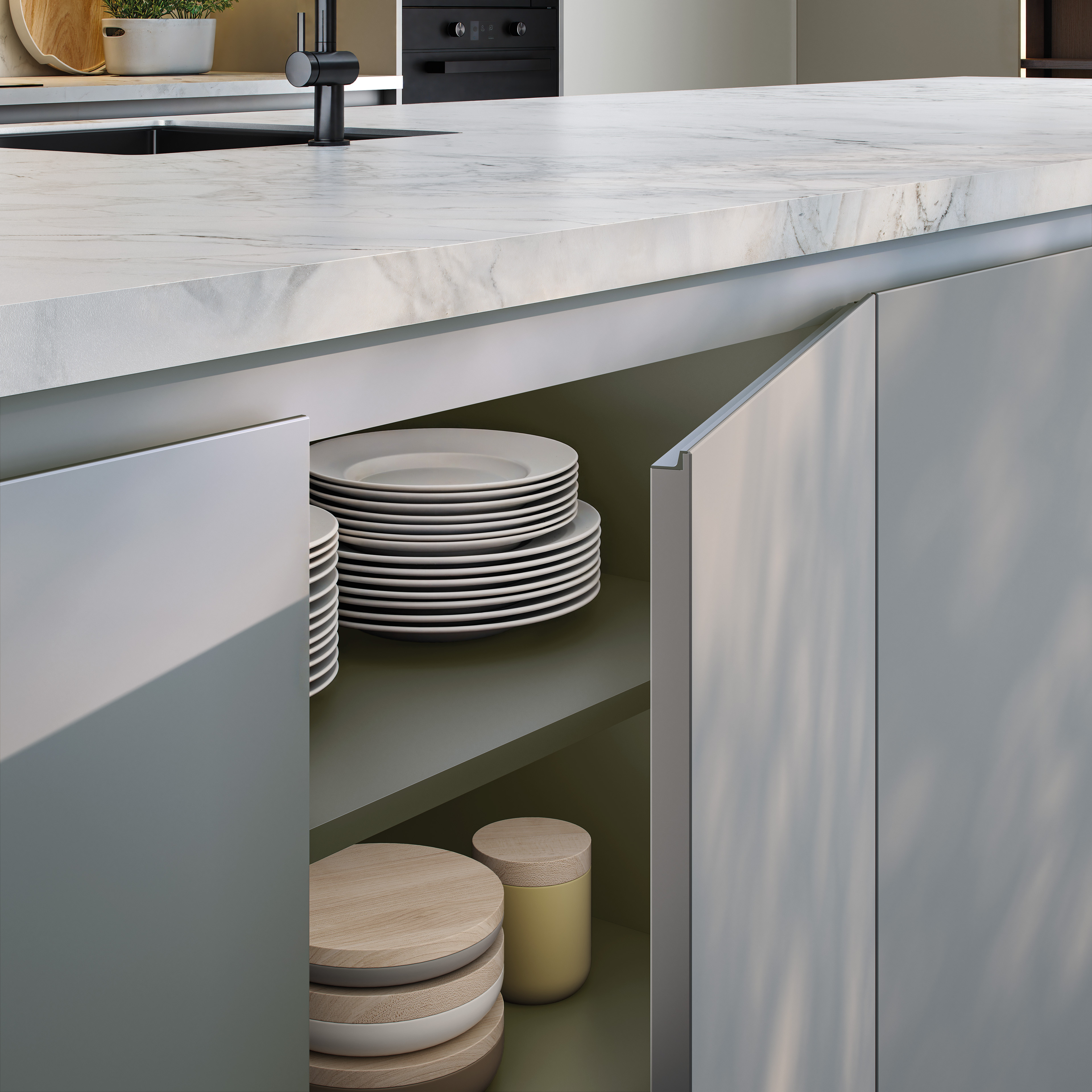 Gabinete de cocina moderno Nexo Küchen con platos y tarros en estante abierto. Diseño funcional y estético.