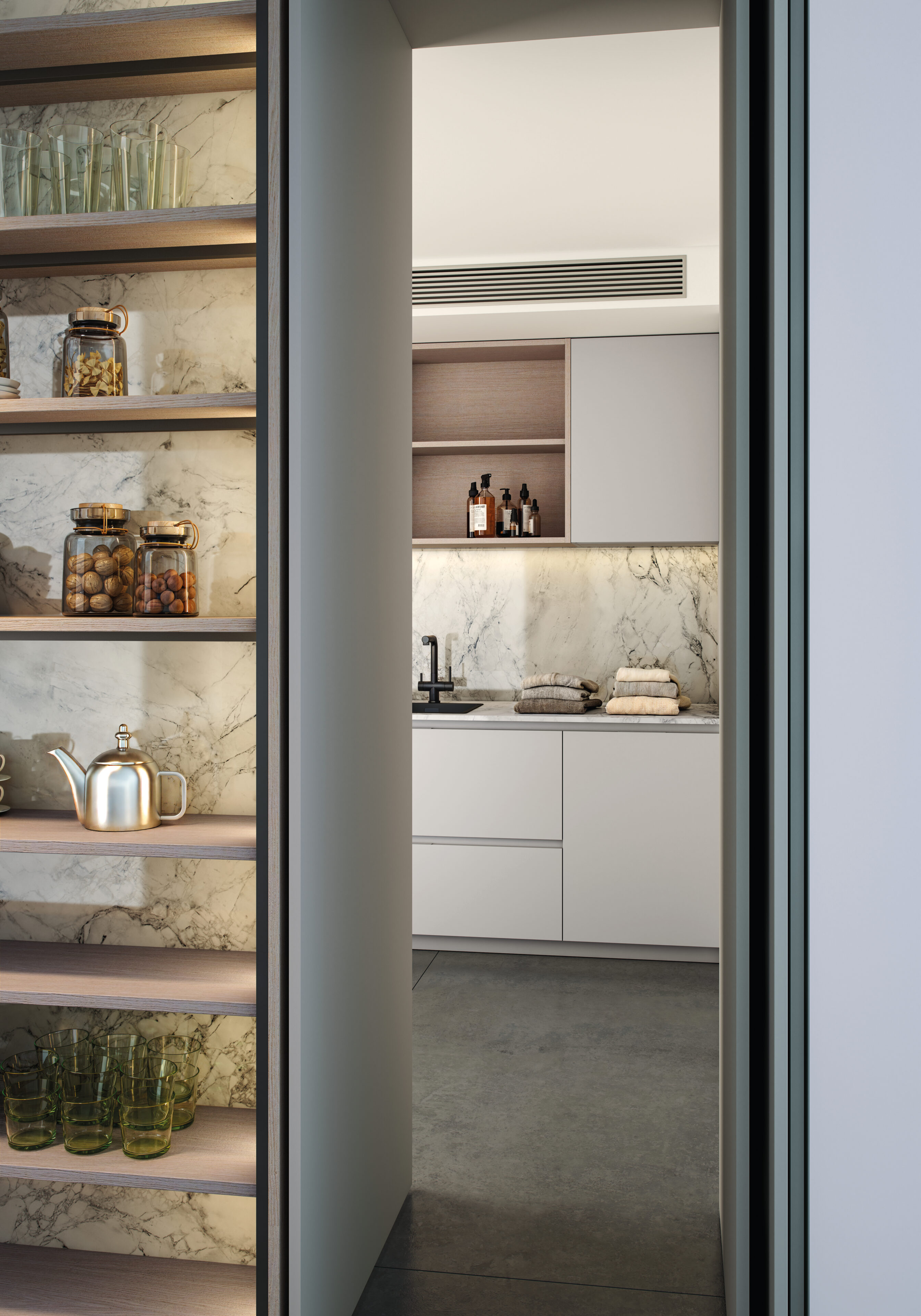 Cocina moderna de Nexo Küchen con diseño funcional y estético. Estantería de mármol y madera contiene objetos decorativos.