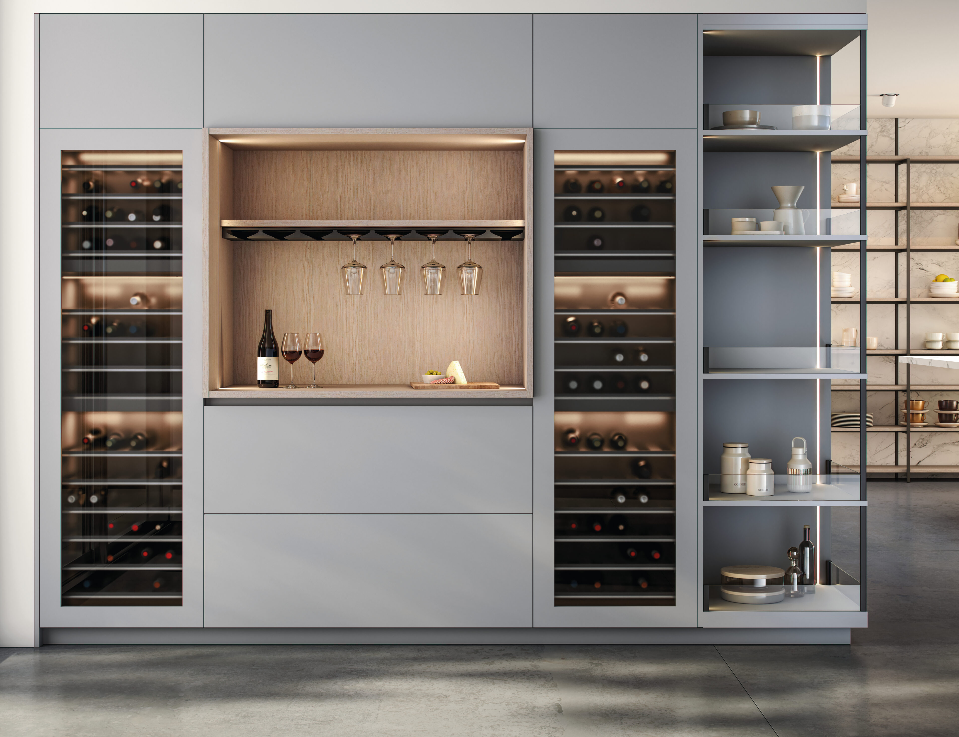 Cocina moderna de Nexo Küchen: diseño funcional con estanterías y espacio para vinos, combinando estética y confort.