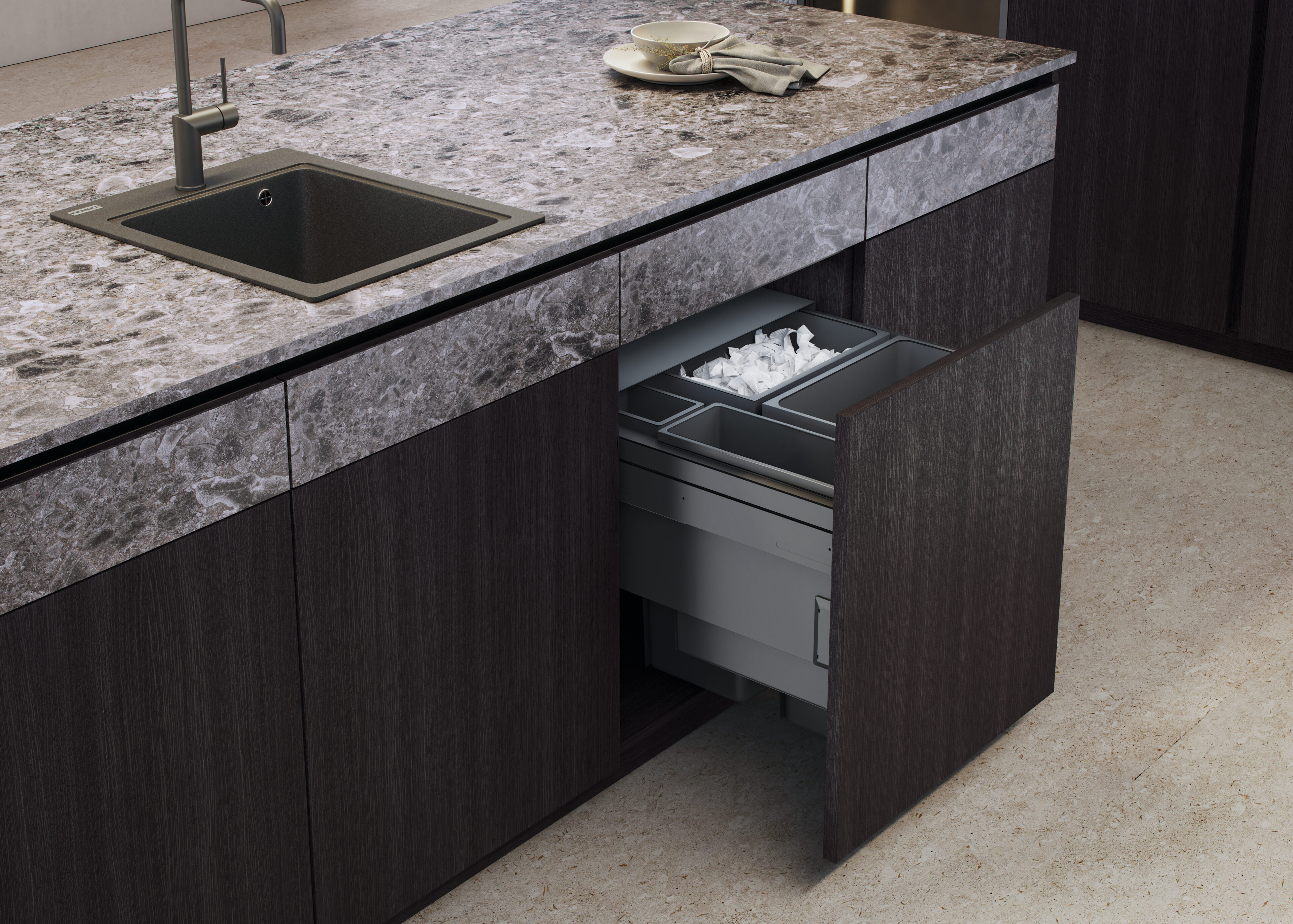 Mueble de cocina Nexo Küchen con diseño funcional y estética elegante en madera oscura y encimera de mármol.