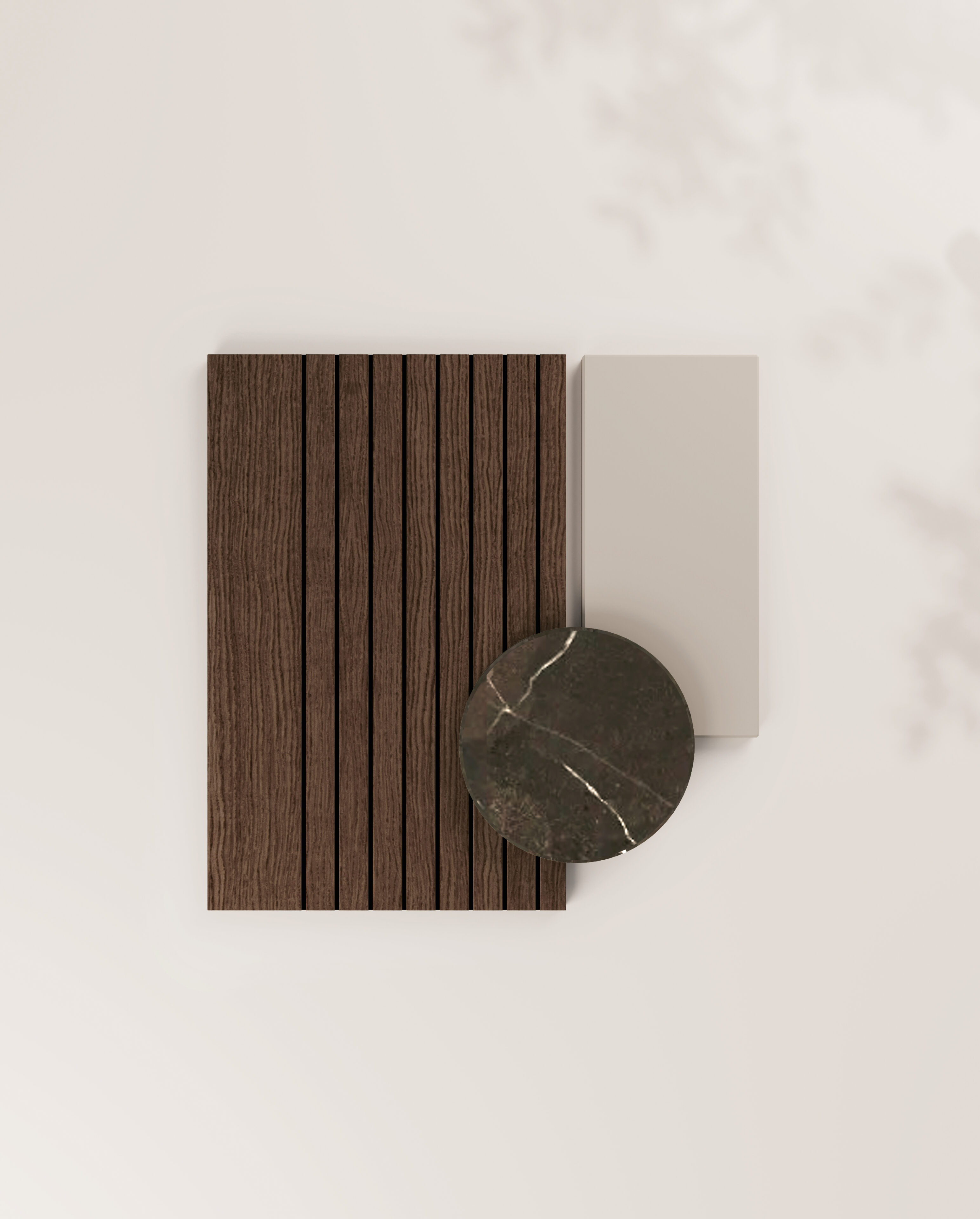 Muestra de materiales de cocina Nexo: madera texturizada y piedra elegante para un diseño funcional y estético.