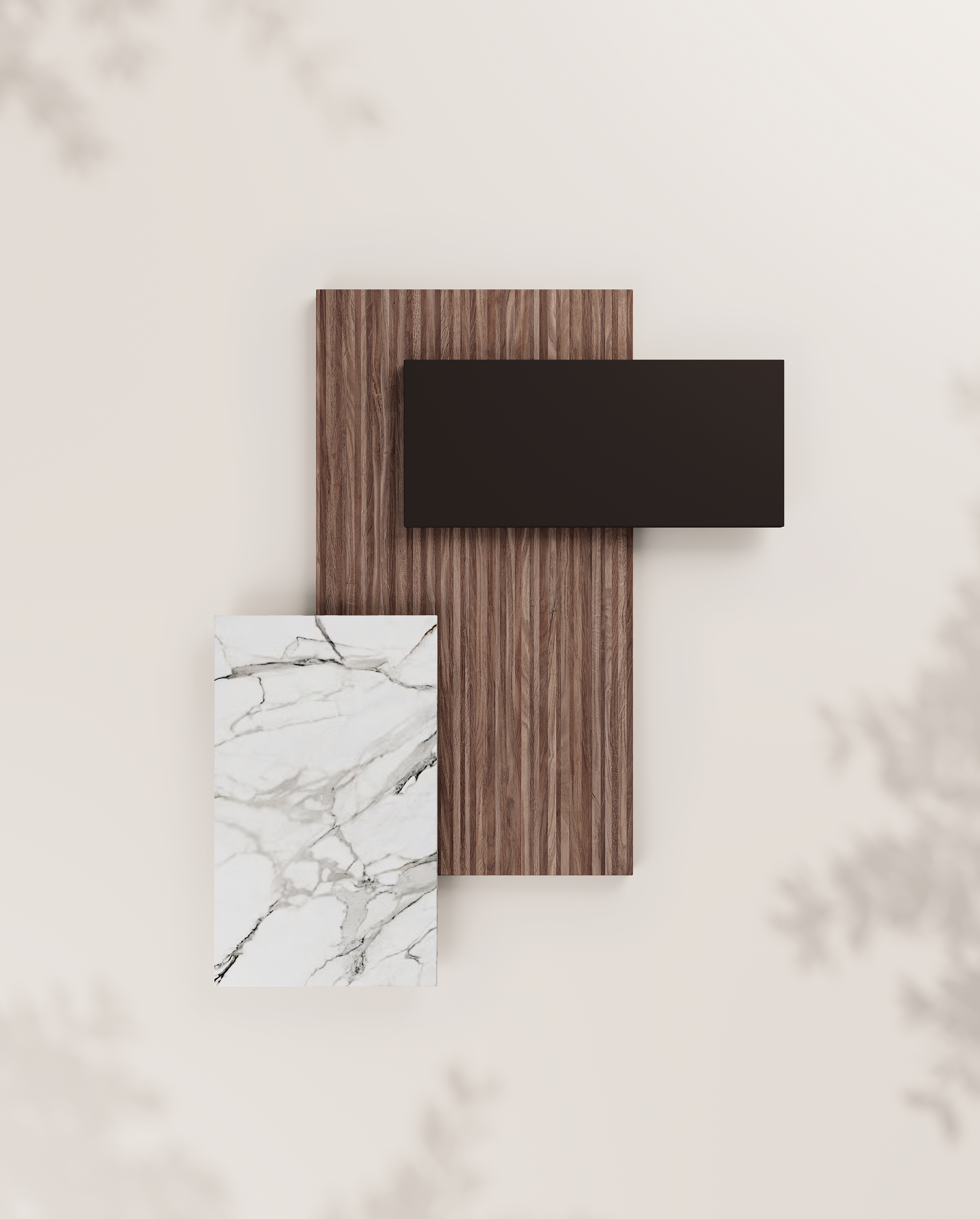 Texturas de materiales de Nexo Küchen: mármol, madera y negro mate para un diseño de cocina moderno y funcional.