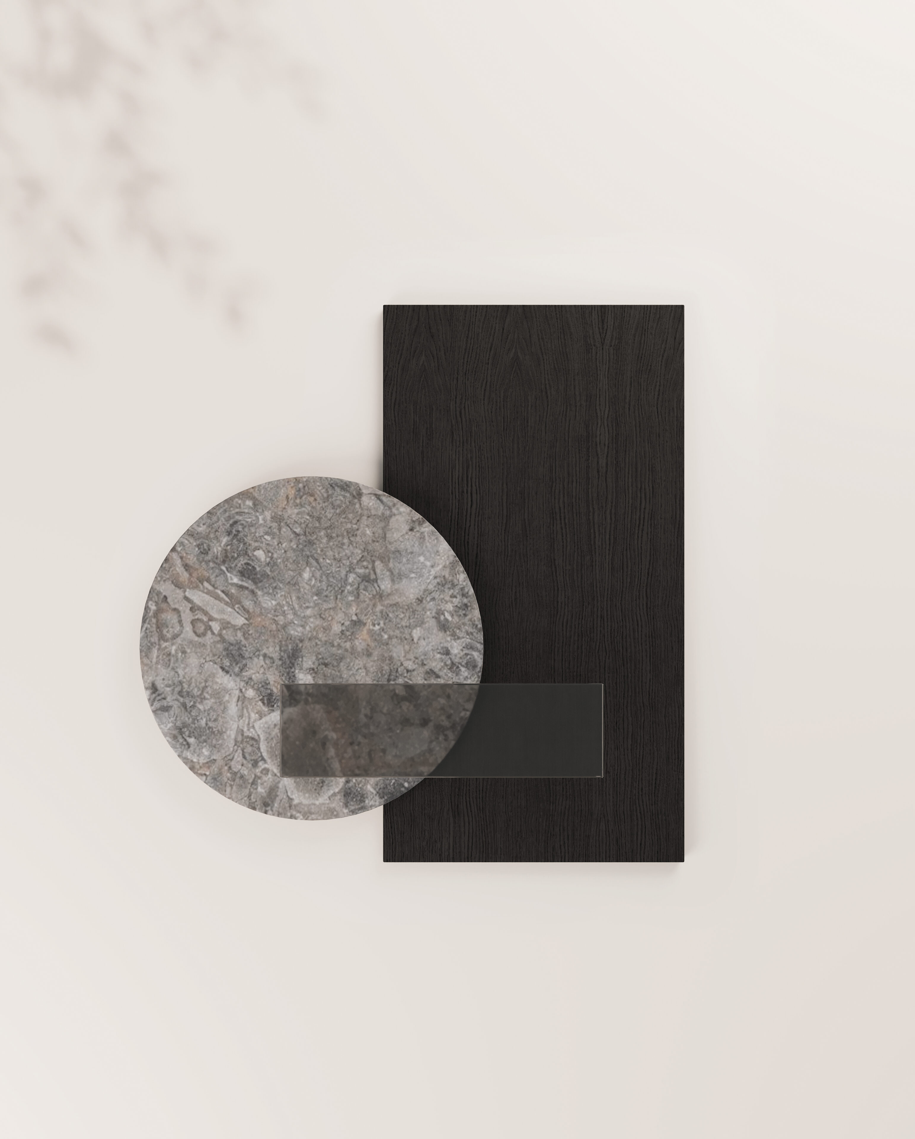 Muestra de materiales de Nexo Küchen: madera oscura y piedra gris, combinados para cocinas modernas y sofisticadas.