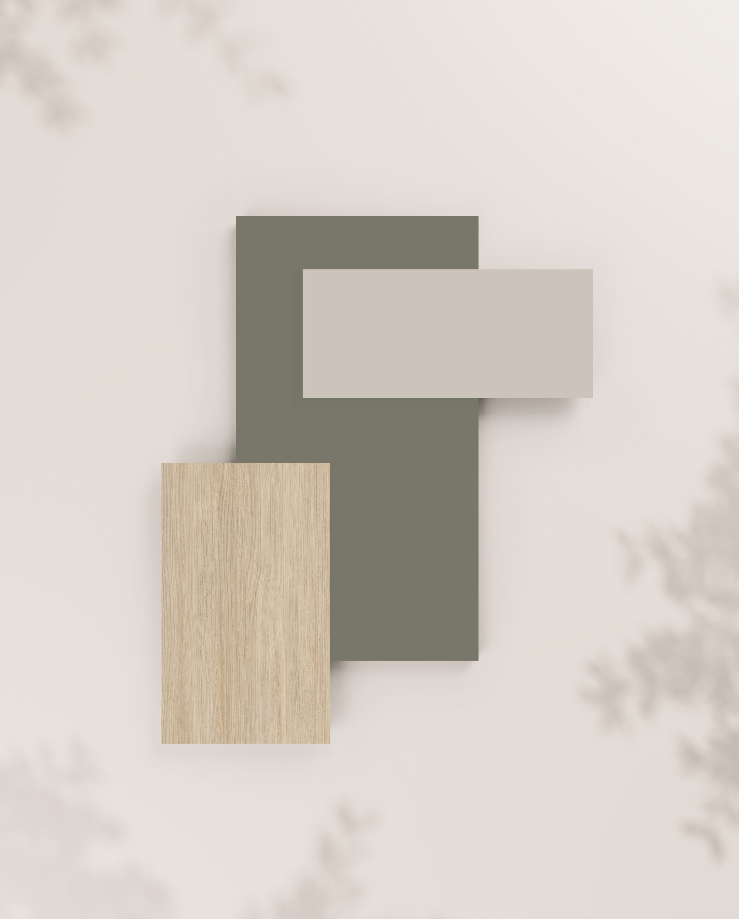 Muestras de materiales en tonos madera clara, gris y beige, ideal para diseño de cocinas.