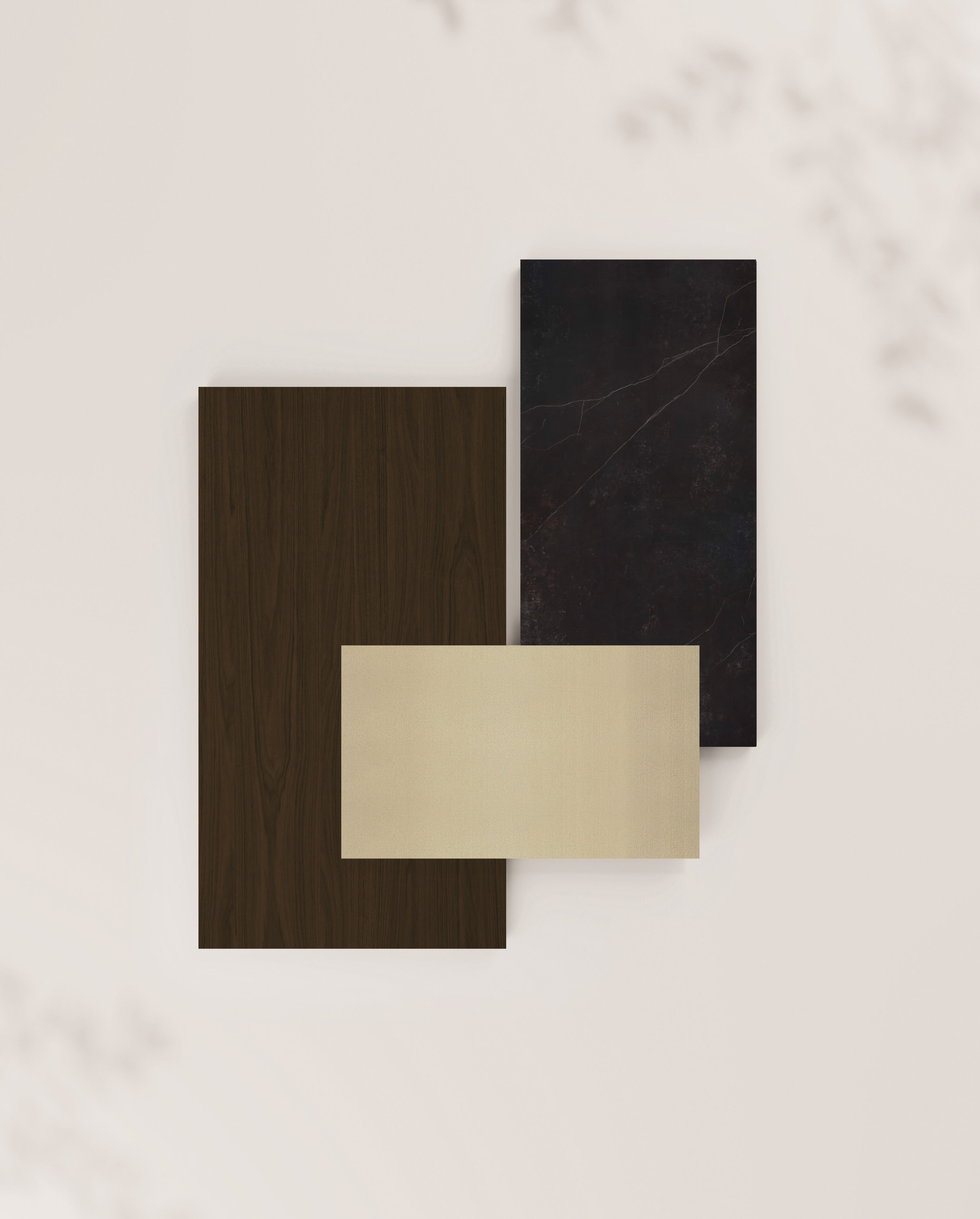 Muestras de tres paneles de materiales, incluyendo madera oscura, piedra y un acabado claro