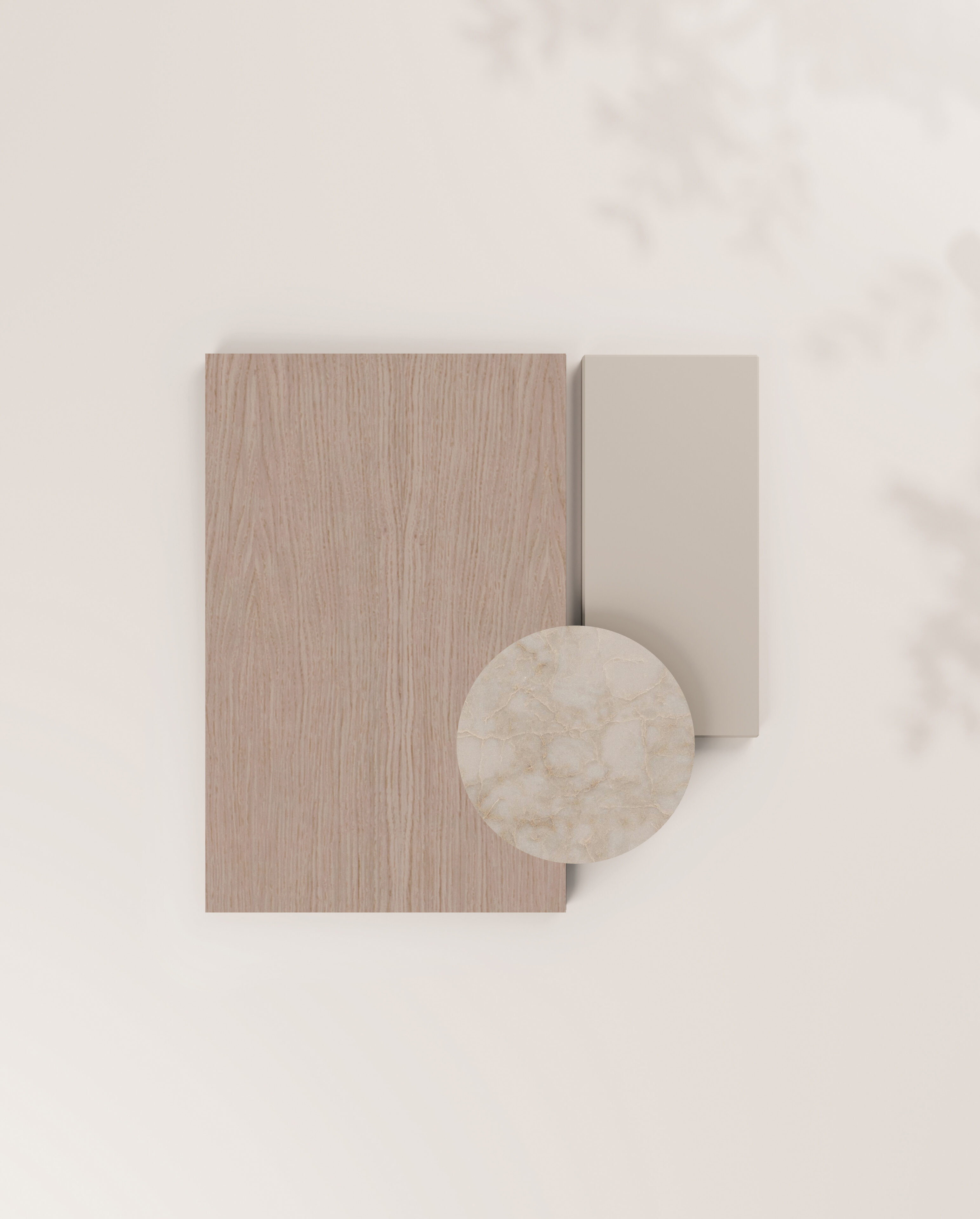 Muestras de madera, piedra y un material liso en tonos beige claros
