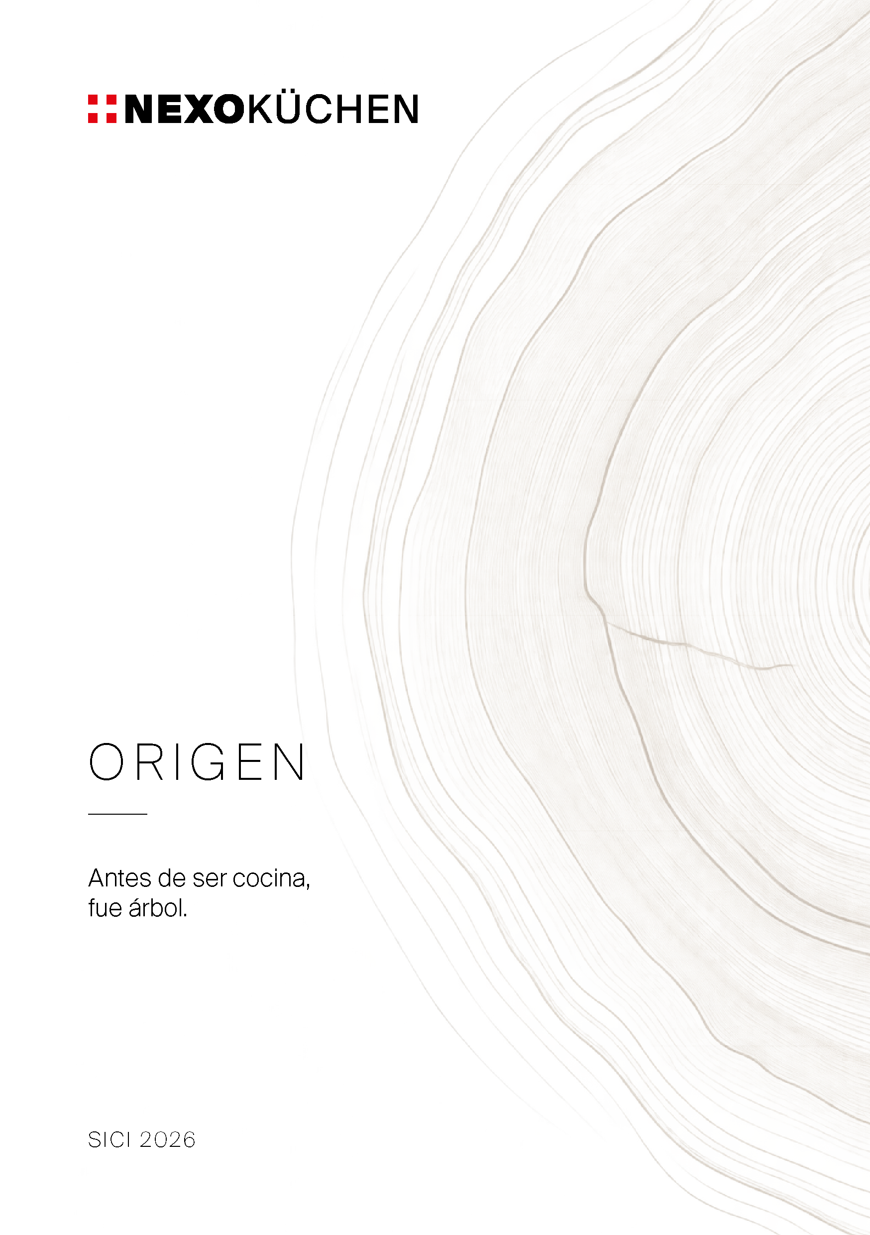 Muestra de diseño de cocina con un fondo que simula una sección de árbol y el texto 'Origen'