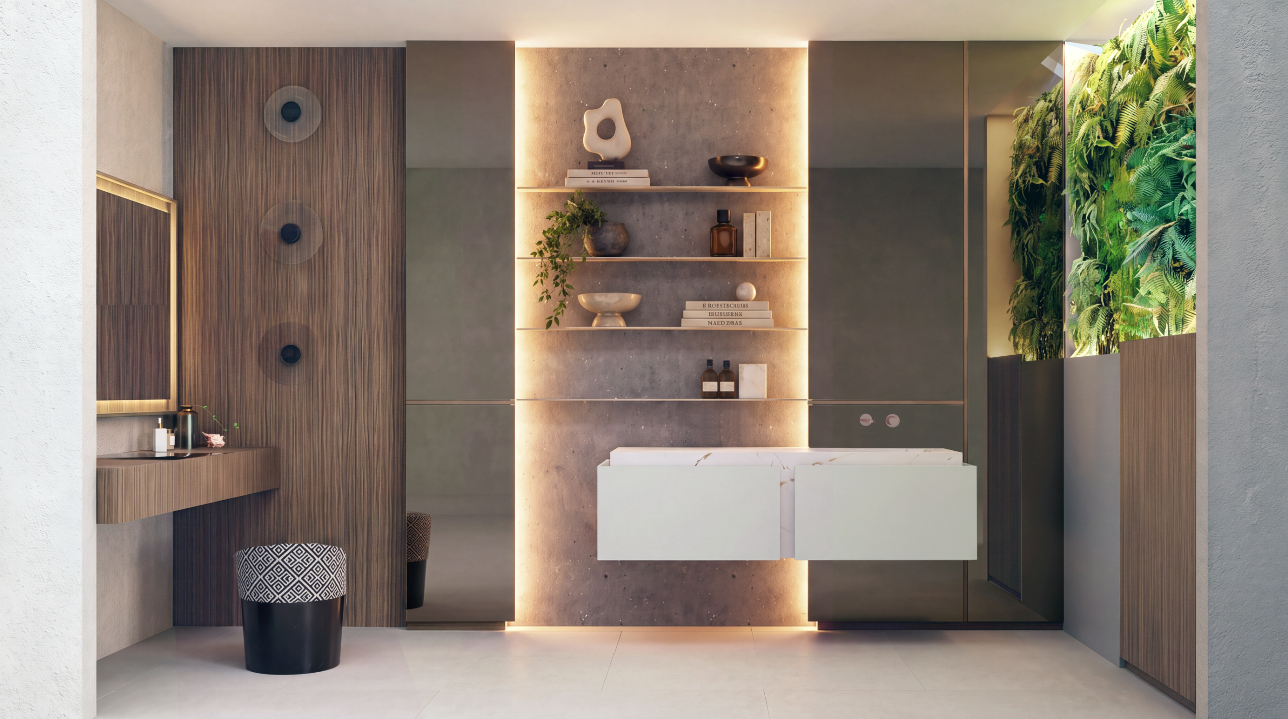 Baño con muebles modernos, iluminación cálida y vegetación decorativa
