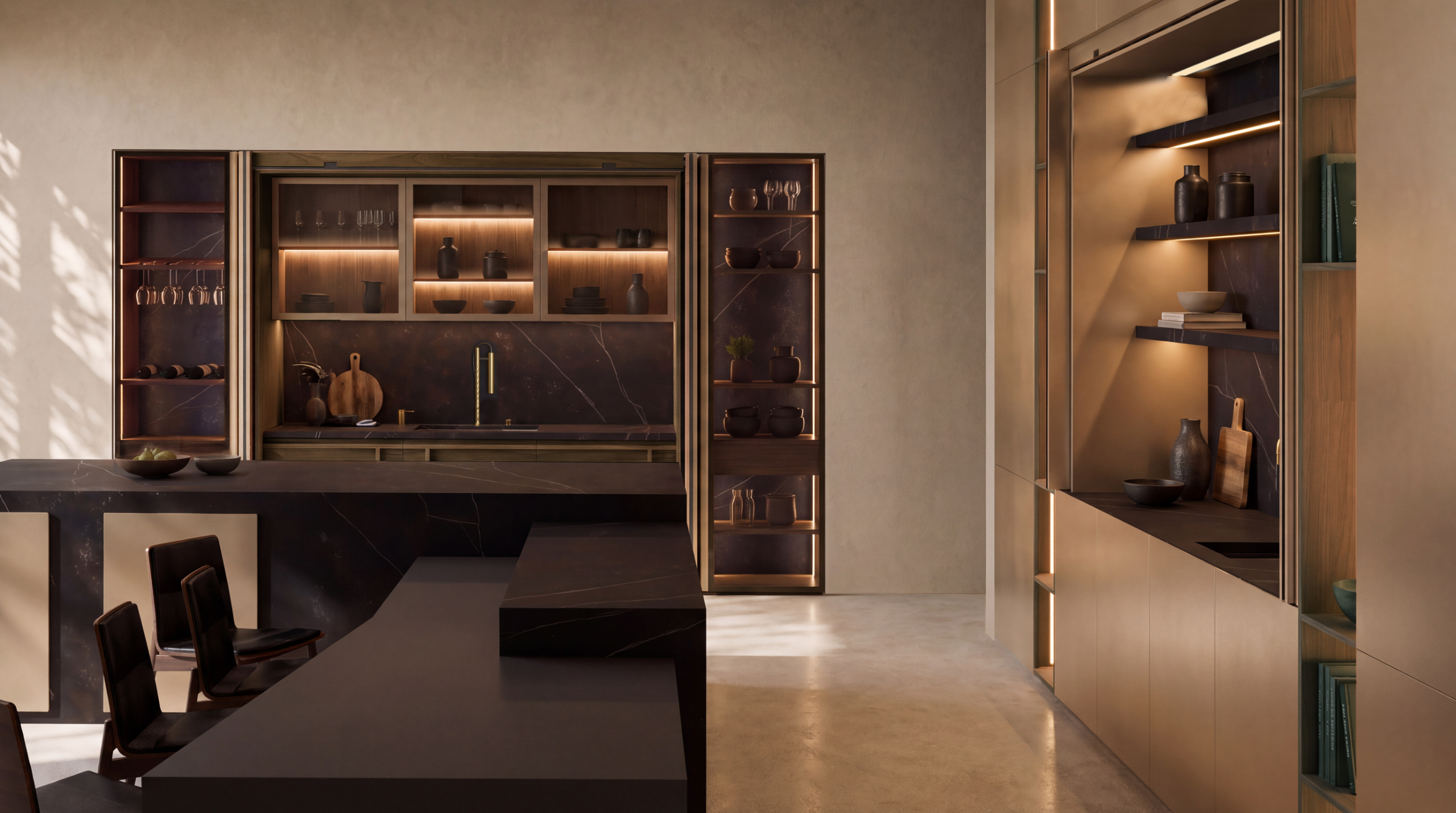 Cocina moderna con cocina integrada y estanterías de madera iluminadas