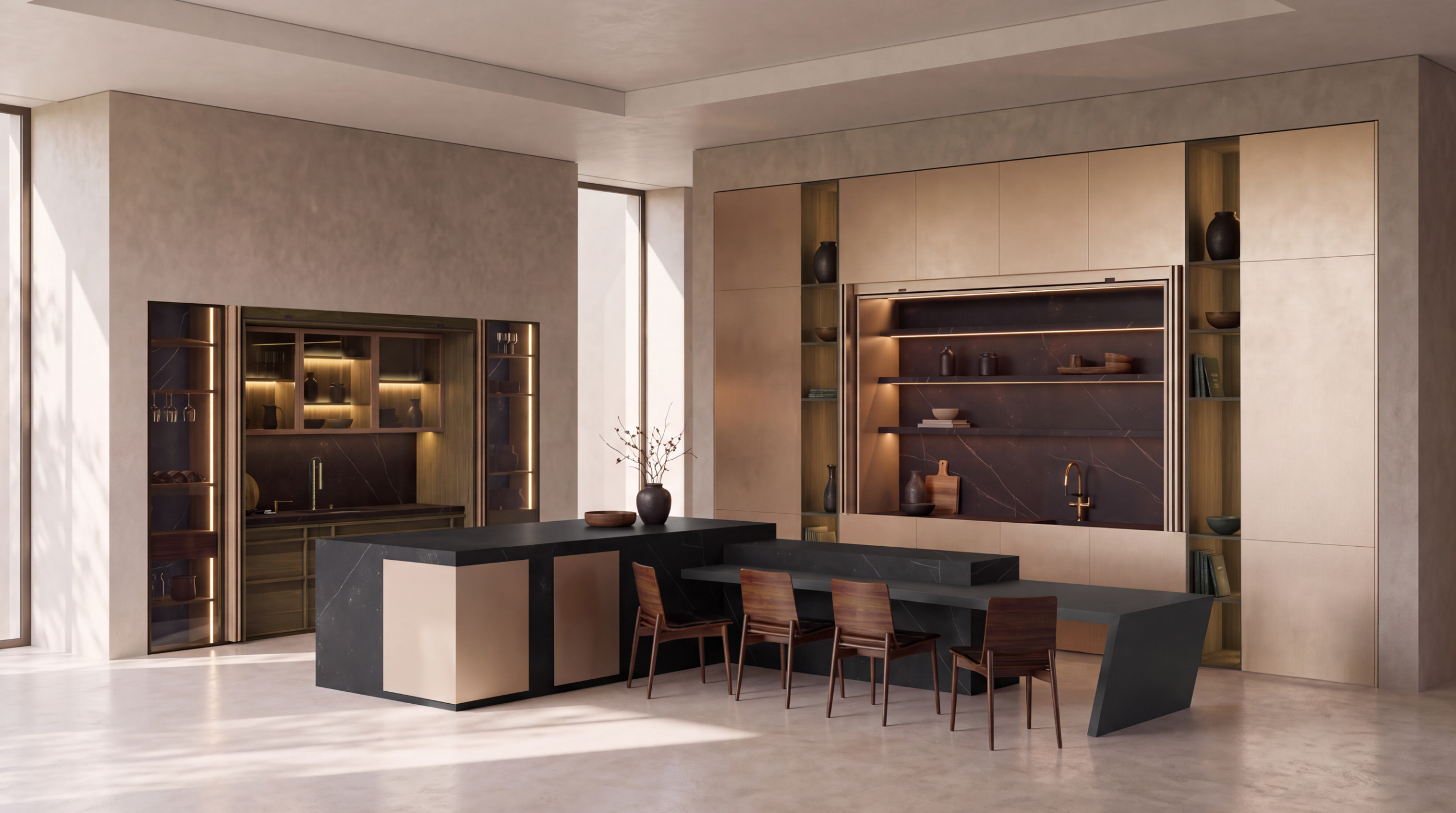 Cocina moderna con muebles en tonos claros y oscuros, iluminación cálida y un diseño elegante