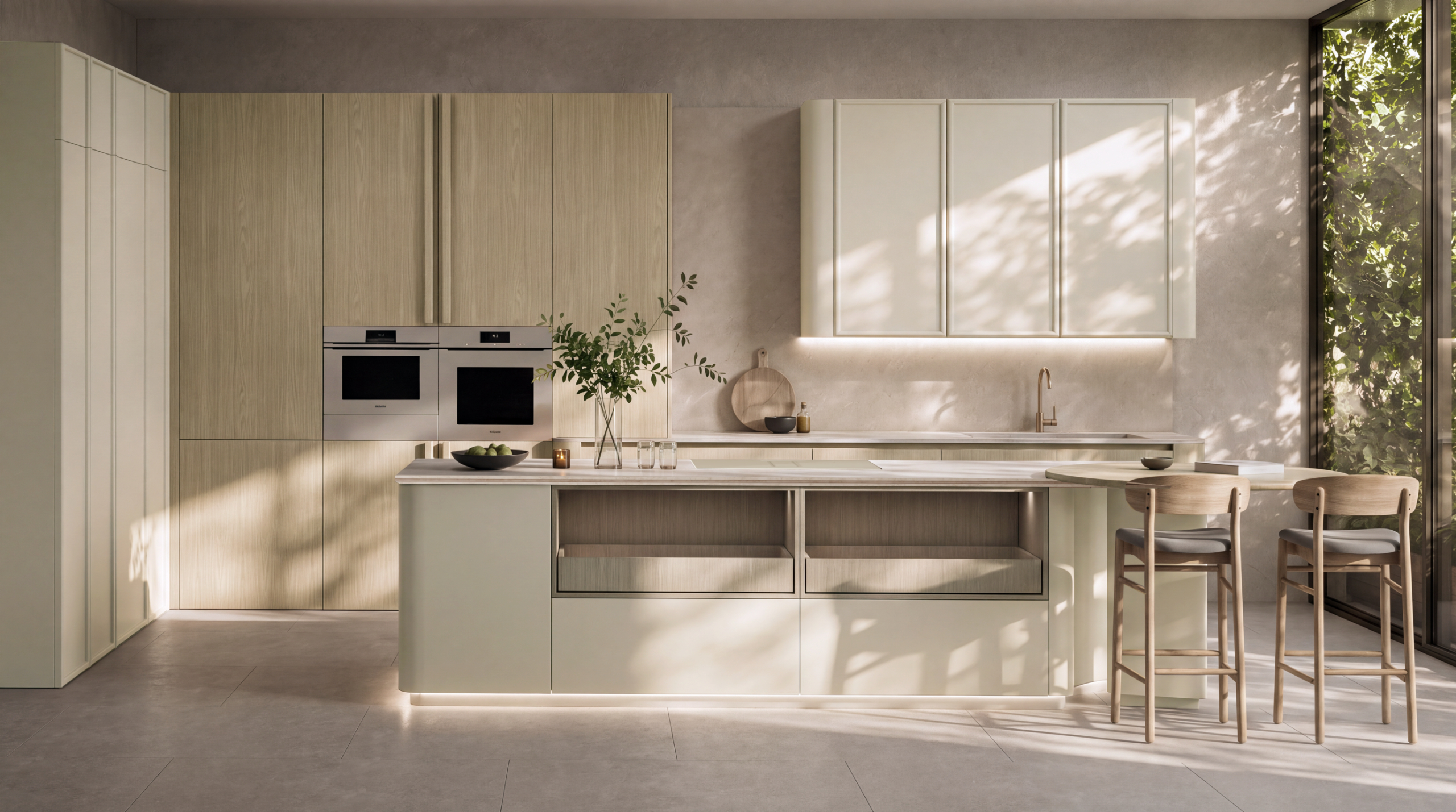 Cocina moderna con gabinetes en tonos claros y encimera de piedra.
