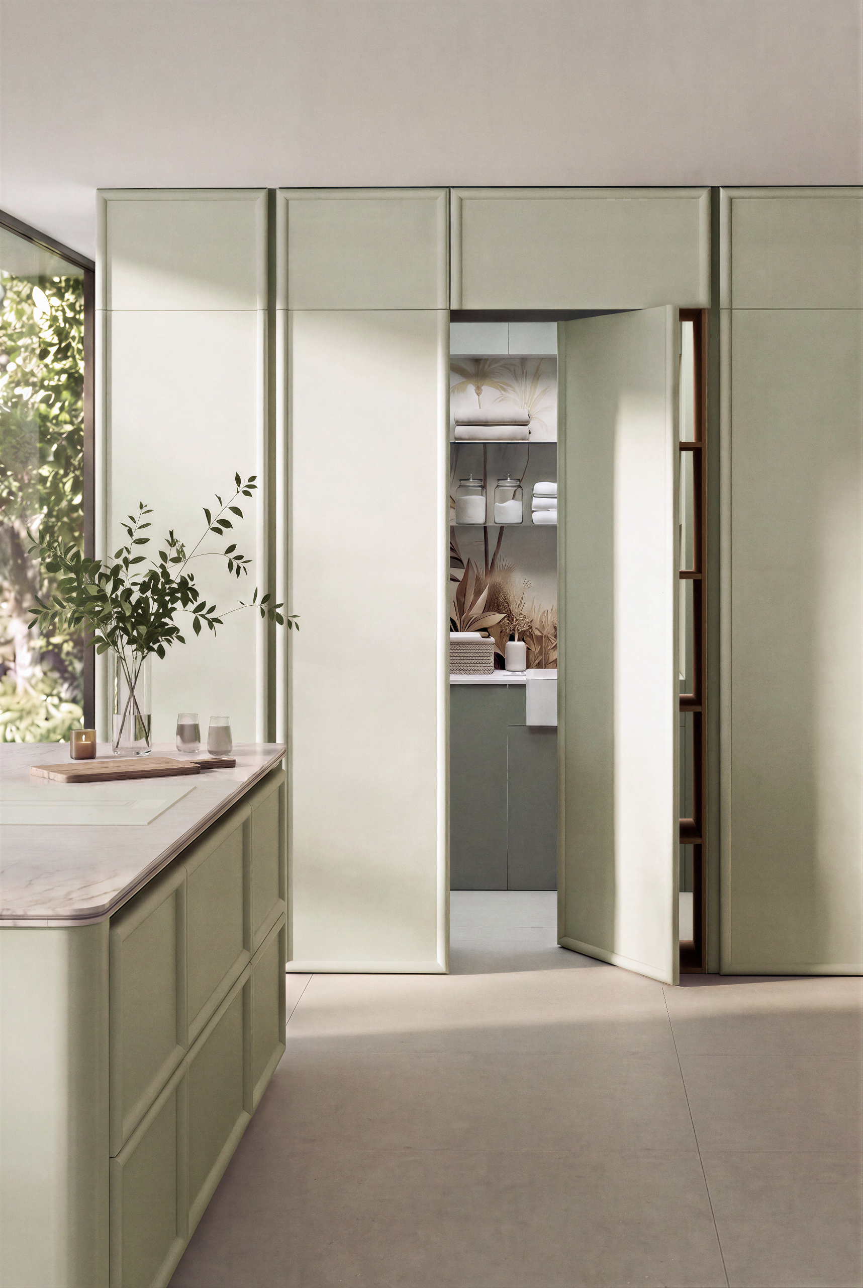 Cocina moderna con muebles en tonos verdes, apariencia limpia y funcional