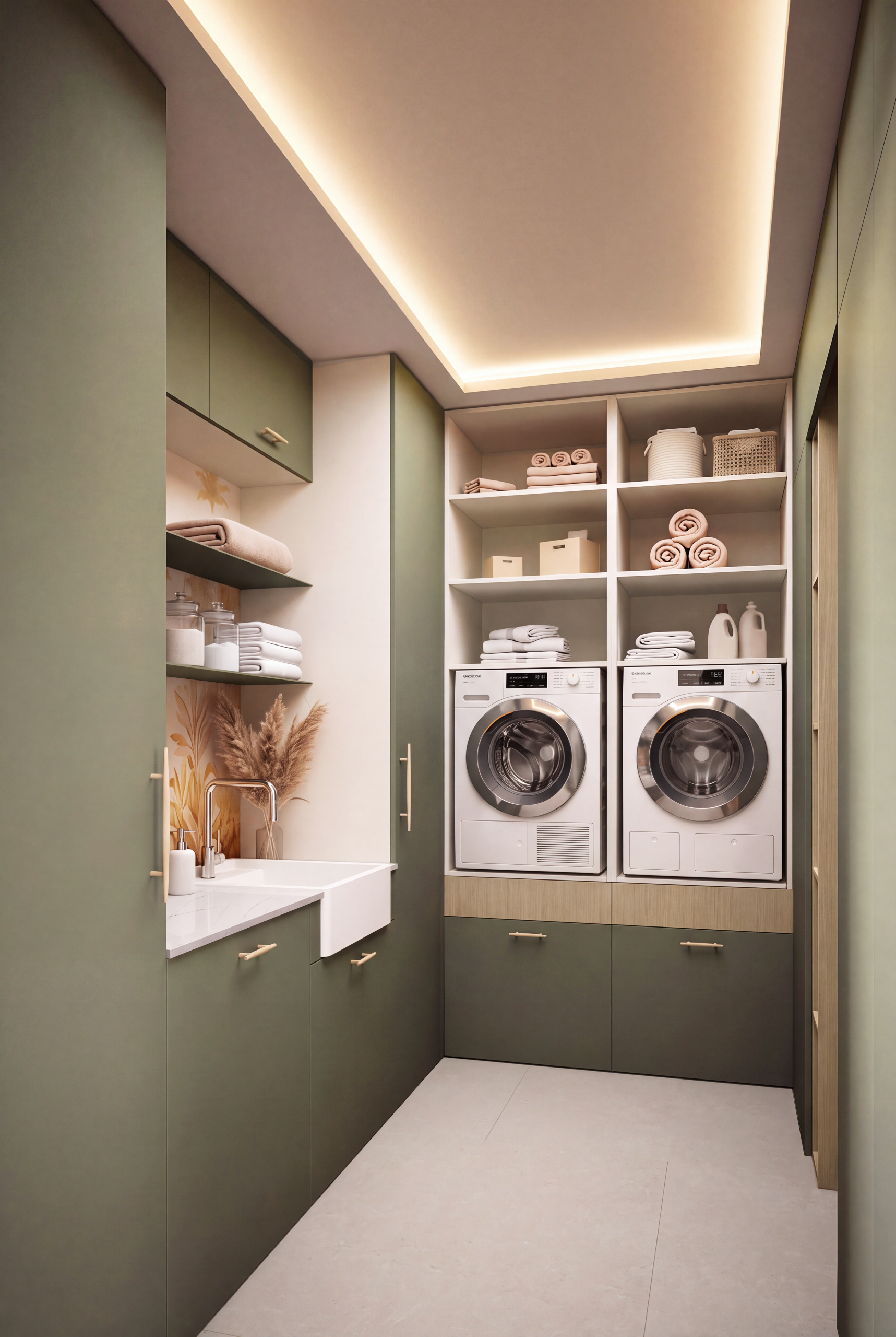 Lavandería con muebles en verde y electrodomésticos de lavado