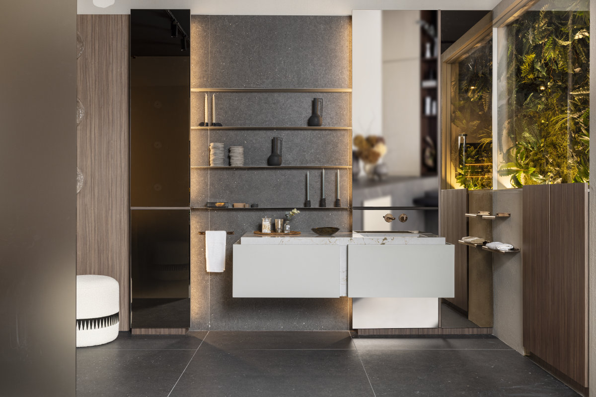 Baño elegante con muebles modernos y decoración minimalista